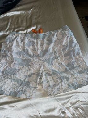 Tommy Bahama Light Blue Floral Swim Trunks with Orange Drawstring